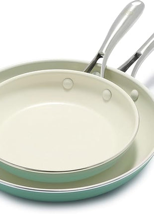 GreenLife Artisan Healthy Ceramic Nonstick, 8" and 10" Frying Pan Skillet Set, Stainless Steel Handle, Induction, PFAS-Free, Dishwasher Safe, Oven Safe, Turquoise