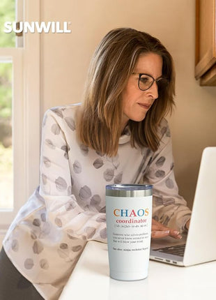 SUNWILL Coffee Tumbler with Lid, Christmas Gifts for Women, Stainless Steel Insulated Mug, CHAOS Coordinator Cups for Birthday, Thank you, Graduation - 20 oz Snow White