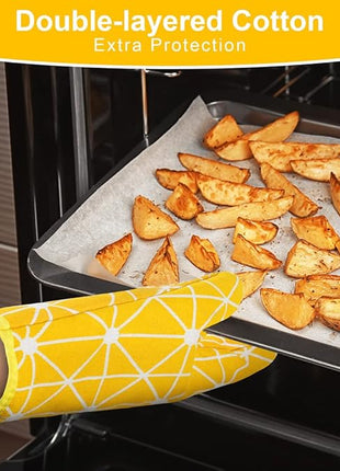 AUAUY Oven Mitts and Potholders BBQ Gloves-Oven Mitts and Pot Holders with Recycled Infill Silicone Non-Slip Cooking Gloves for Cooking Baking Grilling (6-Piece Set,Yellow)