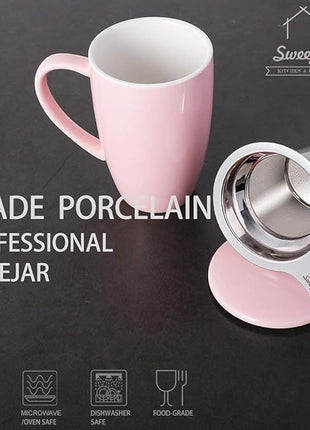 Sweejar Porcelain Tea Infuser Cup with Lid, 16 oz Tea Cup with Strainers for Loose Leaf Tea, Microwave and Dishwasher Safe Coffee Mug, Tea Steeping Mug for Tea Drinkers,Christmas Gift (Pink)