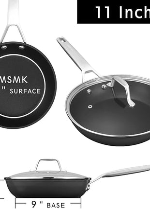MsMk 11 Inch Nonstick Frying Pan with Lid，Titanium and Ceramic Nonstick skillet with lid, PFOA Free Non-Toxic, Stay-Cool Handle, Scratch-resistant, Induction Skillet With Lid for Induction, Ceramic