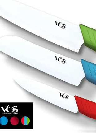 Vos Ceramic Knife Set in Elegant Gift Box, Ceramic Knives Set For Kitchen, Ultra Sharp Kitchen Knife Set with Covers, 4" 5" 6" Paring, Santoku & Chef Knife, Lightweight, Dishwasher safe (Multi-Color)
