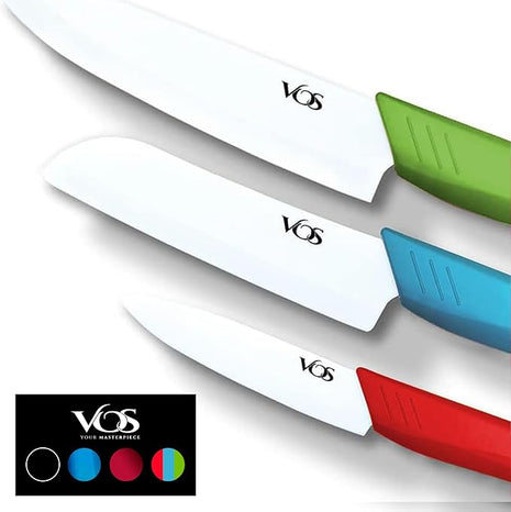 Vos Ceramic Knife Set in Elegant Gift Box, Ceramic Knives Set For Kitchen, Ultra Sharp Kitchen Knife Set with Covers, 4" 5" 6" Paring, Santoku & Chef Knife, Lightweight, Dishwasher safe (Multi-Color)