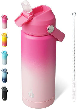 BJPKPK Insulated Water Bottle with Straw Lid, 18oz Thermo Water Bottles with Soft Nozzle, Flex Handle & Non-slip Boot, BPA Free Leak Proof Stainless Steel Metal Thermo, Tumblers, Cups,Cherry