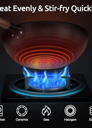 Carbon Steel Wok - Including Glass Cover and Silicone Spatula, 13-Inch Woks & Stir-Fry Pans for Induction, Electric, Gas Stoves