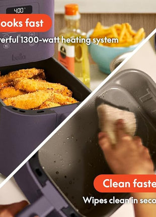 bella 4Qt Slim Air Fryer, Fits-anywhere™ Kitchenware, EverGood™ Ceramic Nonstick Coating, Adjustable Temperature, 6 Preset Cooking Options, 60 Min Auto Shutoff w Audible Tone, 3.3lb Capacity, Plum