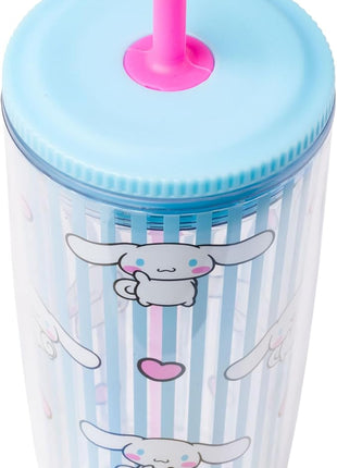 Silver Buffalo Sanrio Hello Kitty and Friends Cinnamoroll Hearts and Blue Stripes Plastic Cold Cup with Lid and Straw, 20 Ounces