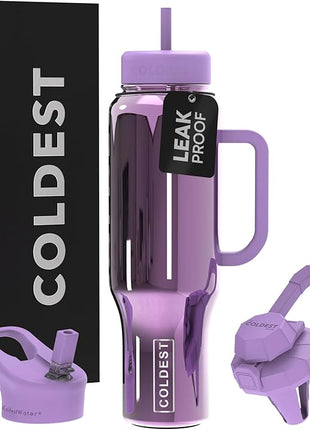 Coldest Tumbler with Handle and Straw, 100% Spill Proof Tumbler with Straw (3 Lids), Stainless Steel Insulated Leakproof Tumblers for Women Men, Cup Holder Friendly, 46 oz (Violet Astra Reflections)