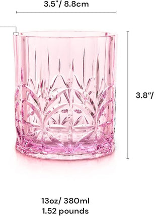BELLAFORTE Shatterproof Tritan Plastic Short Tumbler, Set of 4, 13oz - Myrtle Beach Unbreakable Crystal Cut Old Fashioned Drinking Glasses for Whiskey - BPA Free - Dishwasher Safe - Pink