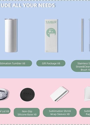MURRICON Sublimation Tumblers 20 oz Skinny Straight,Stainless Steel Sublimation Blanks Skinny Tumbler,Double Wall Vacuum Insulated Tumblers,with lid and straw,8 Pack