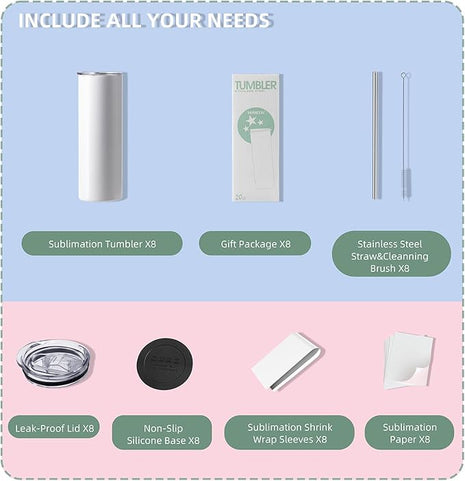 MURRICON Sublimation Tumblers 20 oz Skinny Straight,Stainless Steel Sublimation Blanks Skinny Tumbler,Double Wall Vacuum Insulated Tumblers,with lid and straw,8 Pack