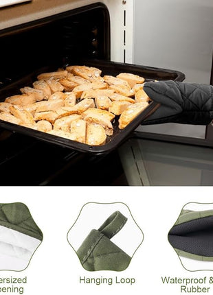 AUAUY Mini Oven Mitts, 2 Count Green Small Oven Mitt 220℃/428°F Heat Resistant with Non-Slip Surface and Hanging Loop Mits, Kitchen Mittens Oven Mitts, Kitchen Gloves for Oven, Baking and Grilling