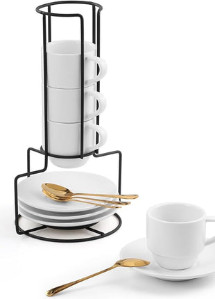 Lareina 3-Ounce Espresso Cups with Saucers, Spoons and Metal Stand, Small Stackable Coffee Cups Set of 4, Ceramic Demitasse Mugs, White