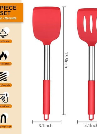 Silicone Spatula Set of 2, E-far Solid & Slotted Turner for Nonstick Cookware, Heat Resistant Rubber Kitchen Cooking Utensils for Flipping Fish Pancake Egg - Red