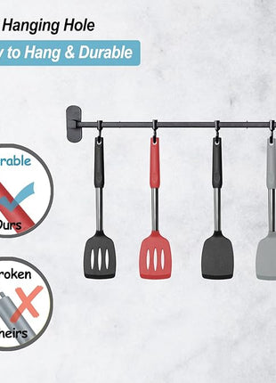 2 Pack Spatulas, Solid & Slotted Silicone Spatula Set, Stainless Steel Handle Coated with Silicone, Non Stick Turners, Heat Resistant Rubber Spatulas for Fish, Eggs, Pancakes, WOK, Red