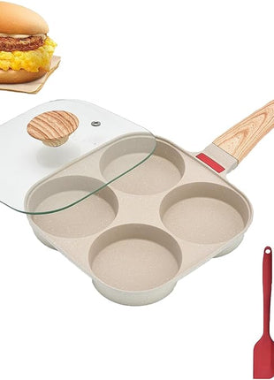 Fried Egg Pan, Egg Frying Pan with Lid Nonstick 4 Cups Pancake Pan Aluminium Alloy Cooker for Breakfast(White)