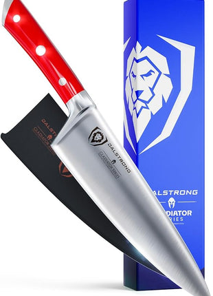 Dalstrong Chef Knife - 8 inch Blade - Gladiator Series - Forged High Carbon German Steel - Razor Sharp Kitchen Knife - Professional Full Tang Knives - Crimson Red Handle ABS - Sheath - NSF Certified