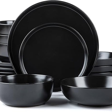 SKUGGA Round Stoneware 16pc Double Bowl Dinnerware Set for 4, Dinner Plates, Side Plates, Cereal Bowls, Pasta Bowls - Matte Black (467586)