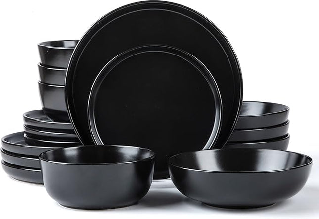 SKUGGA Round Stoneware 16pc Double Bowl Dinnerware Set for 4, Dinner Plates, Side Plates, Cereal Bowls, Pasta Bowls - Matte Black (467586)