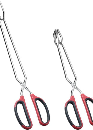 12" 16" Extra Long Stainless Steel Kitchen Tongs Set, Non-Slip Comfortable Red Grip, Scissor Design, Heat Resistant for Cooking Grilling and Serving