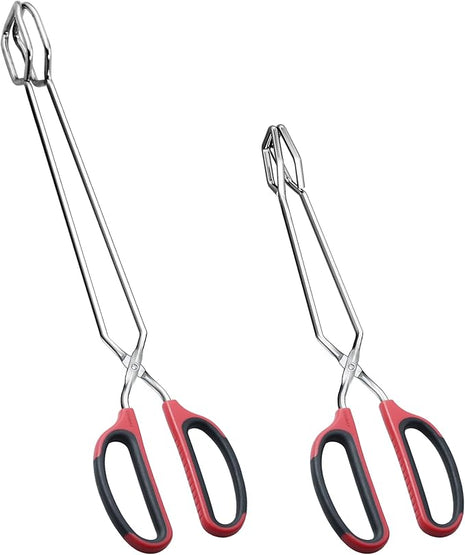 12" 16" Extra Long Stainless Steel Kitchen Tongs Set, Non-Slip Comfortable Red Grip, Scissor Design, Heat Resistant for Cooking Grilling and Serving