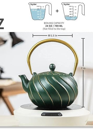 TOPTIER Japanese Cast Iron Teapot with Infuser, Stovetop Safe Teakettle, Wave Design, Enameled Interior, 30 oz (900 ml), Green