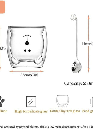 Cute Mugs Double Wall Glass Coffee Glass Cup Kawaii Bear Tea Milk Cup Funny Mug Animal Mug Aesthetic Cup for Office and Personal Birthday Gift (Happy bear)