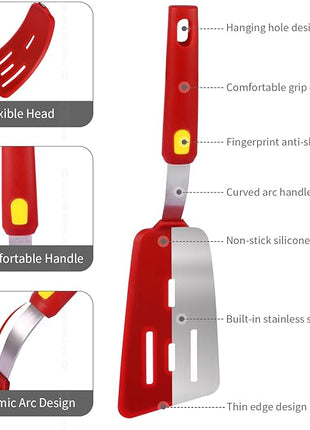 Silicone Spatula Turner Heat Resistant 600°F 3 Piece Set Non Scratch Flexible Slotted and Solid Thin Rubber Spatula Flipper for Cooking Pancake,Egg,Fish,Burger,Steak for Nonstick Cookware,Red