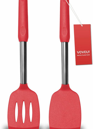 2 Pack Spatulas, Solid & Slotted Silicone Spatula Set, Stainless Steel Handle Coated with Silicone, Non Stick Turners, Heat Resistant Rubber Spatulas for Fish, Eggs, Pancakes, WOK, Red