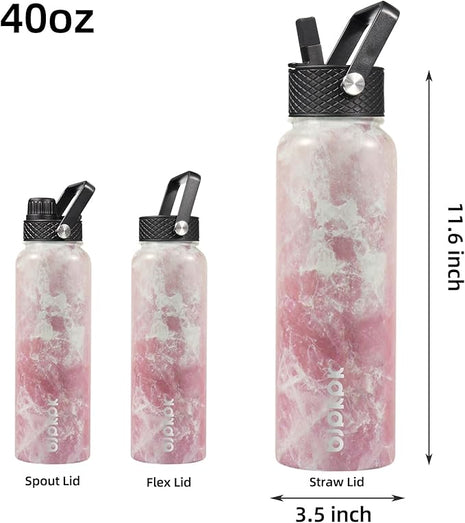 BJPKPK Insulated Water Bottles with Straw Lid, 40oz Stainless Steel Water Bottles with 3 Lids, BPA Free Leakproof Thermo, Tumblers, Cups for Sports, Gym- Blossom