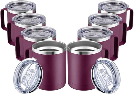 MEWAY 12oz Coffee Mug With Handle and Sliding Lid,Stainless Steel Travel Tumbler Cup with Handle,Double Wall Vacuum Insulated Camping Cup for Hot & Cold Drinks Tea (Plum,Set of 8)
