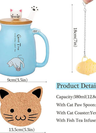 BigNoseDeer Cute Mugs Kawaii Cat Mug Ceramic Coffee Mug Tea Cup with Infuser and Lid Spoon Tea Mug Cute Cool Preppy Stuff Gifts for Women (Blue 13oz)