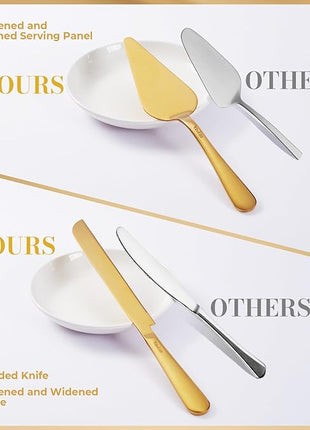 Wedding Cake Cutting Set, Elegant Wedding Cake Knife and Server Set with Thick Stainless Steel Wide Handle, Cake Cutting Set for Wedding Anniversary Christmas, Cake Cutter, 2 Cute Forks and Bows, Gold