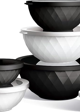 COOK WITH COLOR Mixing Bowls with Lids - 12 Piece Plastic Nesting Bowls Set includes 6 Prep Bowls and 6 Lids, Diamond Design - Microwave Safe, Black and White