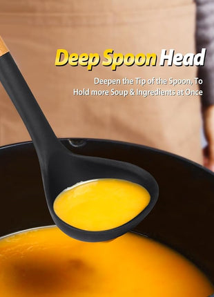 Silicone Pasta Fork and Ladle Spoon Set with Wooden Handle, Heat Resistant Non Stick Kitchen Utensils for Cooking, Stirring, Serving Spaghetti, Soup, Sauce(BLACK)