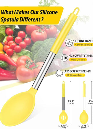 Pack of 2 Large Silicone Cooking Spoons,Non Stick Solid Basting Spoon,Heat-Resistant Kitchen Utensils for Mixing,Serving,Draining,Stirring (YELLOW)