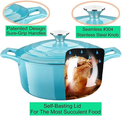 La Cuisine 2175MB Enameled Cast Iron Dutch Oven, Casserole, Pot, 5-Quart (QT) - Matte Black Enamel Interior, Teal Porcelain Enamel Coating Finish Exterior