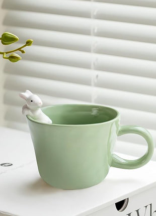 BigNoseDeer Cute Easter Bunny Mugs with 3D Rabbit Inside Kawaii Ceramic Rabbit Coffee Mug with Spoon Cute Gifts Easter Gifts Gag Gifts for Women White Elephant Gifts for Adults 12oz (Green)