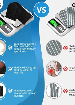 Oven Mitts and Pot Holders 4 pcs Set,High Heat Resistant 500 Degree Extra Thicken Long Kitchen Cotton Oven Glove for Cooking (12 Inch,Black)