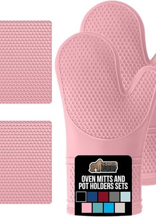 GORILLA GRIP BPA-Free Soft Silicone Oven Mitts and Pot Holders Sets of 4, Heat Resistant Waterproof Cooking Gloves, Thick Cotton Lining, Flexible Gripping for Baking Grilling, Kitchen Trivets, Pink