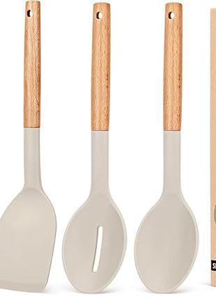 Pack of 4 Silicone Cooking Utensils Set, Non Stick Solid Spatulas and Heat Resistant Slotted Spoons with Wooden Handle, Ideal Wood Kitchen Utensils Set for Frying,Serving,Turning,Stirring (KHAKI)