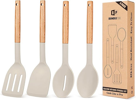 Pack of 4 Silicone Cooking Utensils Set, Non Stick Solid Spatulas and Heat Resistant Slotted Spoons with Wooden Handle, Ideal Wood Kitchen Utensils Set for Frying,Serving,Turning,Stirring (KHAKI)