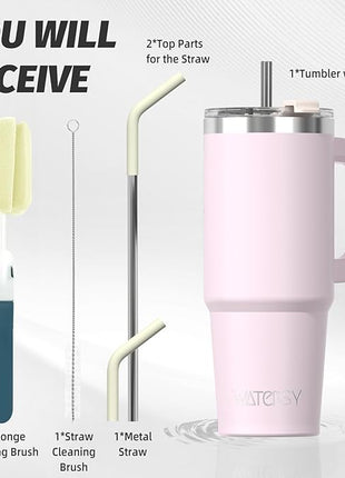 30 oz Tumbler with Handle,Tumbler with Lid and Straw,Double Wall Insulated Cup Stainless Steel Travel Mug(Cold for 34 Hours),Water Bottle for Iced Tea,Coffee,Cold Beverages(Rose Quartz)