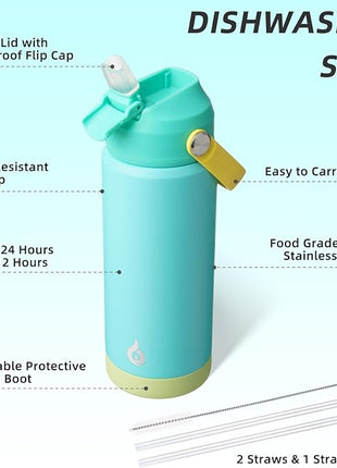 BJPKPK Insulated Water Bottle with Straw Lid, 18oz Thermo Water Bottles, Flex Handle & Non-slip Boot, BPA Free Leak Proof Stainless Steel Metal Thermo, Tumblers, Cups,Twilight Blue