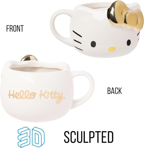 Silver Buffalo Sanrio Hello Kitty Gold Chrome Reflective Bow Ceramic 3D Sculpted Mug, 20 Ounces