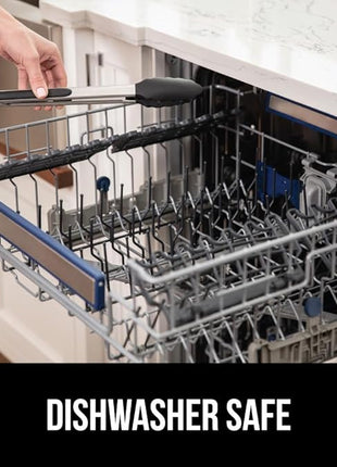 GORILLA GRIP Stainless Steel Heat Resistant Kitchen Tongs for Cooking, 7 + 9 + 12 Inch Set of 3 BBQ Tong, Non Scratch Silicone Tip for Pans, Strong Grip, Grab Food, Toss Salad, Pull Lock, Black