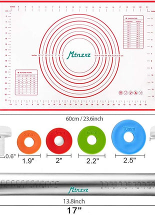 Rolling Pin and Silicone Baking Pastry Mat Set, Stainless Steel Dough Roller, Rolling Pins with Adjustable Thickness Rings, for Baking Fondant, Pizza, Pie, Pastries, Pasta, Cookies