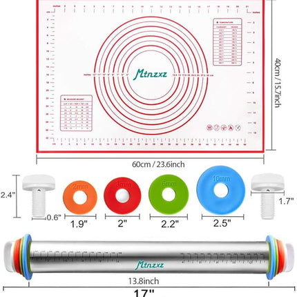 Rolling Pin and Silicone Baking Pastry Mat Set, Stainless Steel Dough Roller, Rolling Pins with Adjustable Thickness Rings, for Baking Fondant, Pizza, Pie, Pastries, Pasta, Cookies