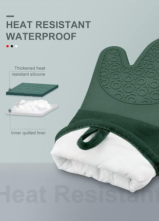 sungwoo Silicone Oven Mitts, Heat Resistant Oven Gloves with Quilted Liner Non-Slip Textured Grip Perfect for BBQ, Baking, Cooking and Grilling - 1 Pair 13.8 Inch Midnight Green