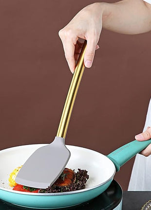 Berglander Non-stick Silicone Solid Turner, Titanium Gold Plating handle, Barbecue Spatula for Cooking, Dishwasher Safe, Easy to Clean